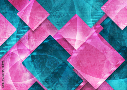 Cyan and pink grunge glossy squares abstract geometric background. Technology vector design