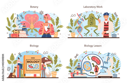 Biology school subject concept set. Students exploring nature and living