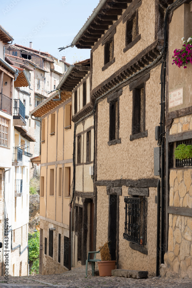 Beautiful old street with traditional houses and no people at Frias, Burgos, Merindades, Spain, Europe