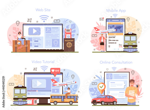 Trip booking online service or platform set. Buying a ticket for plane