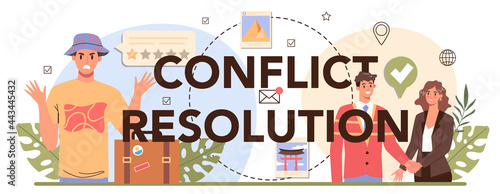 Conflict resolution typographic header. Tour agent organize a vacation