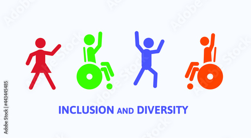 Inclusion and diversity concept. Pictograms of dancing and joyful people in a wheelchair. Social inclusion. Illustration for banner, web, print.