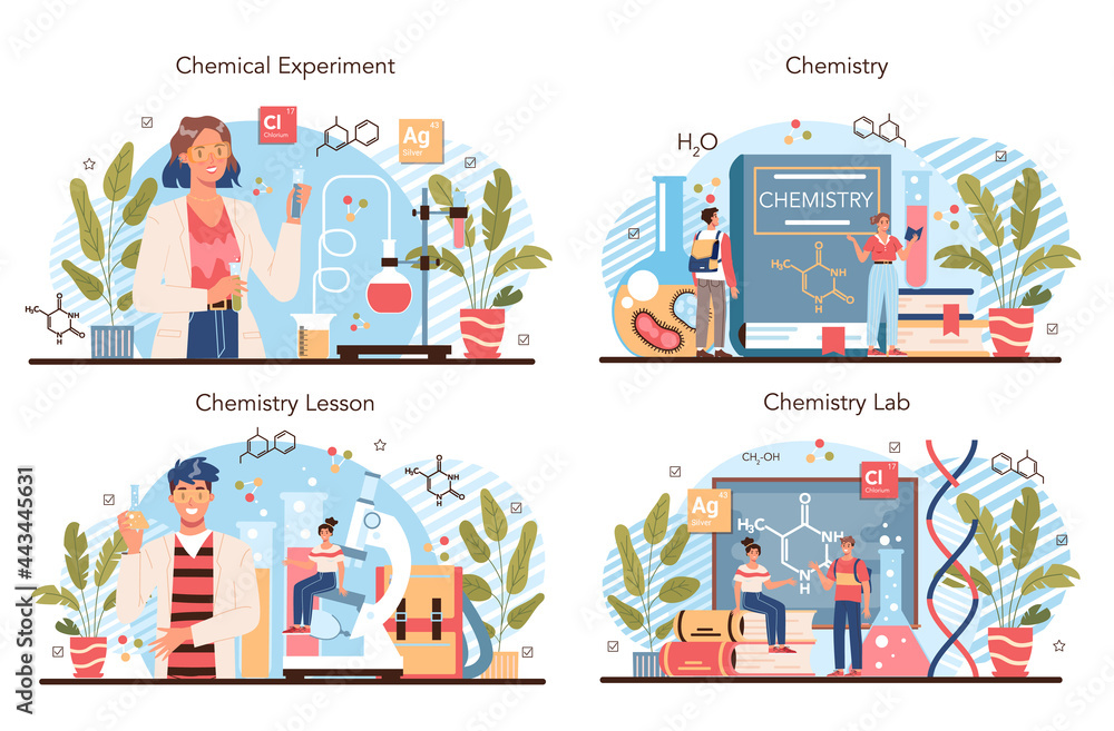Chemistry studying concept set. Chemistry lesson. Scientific experiment