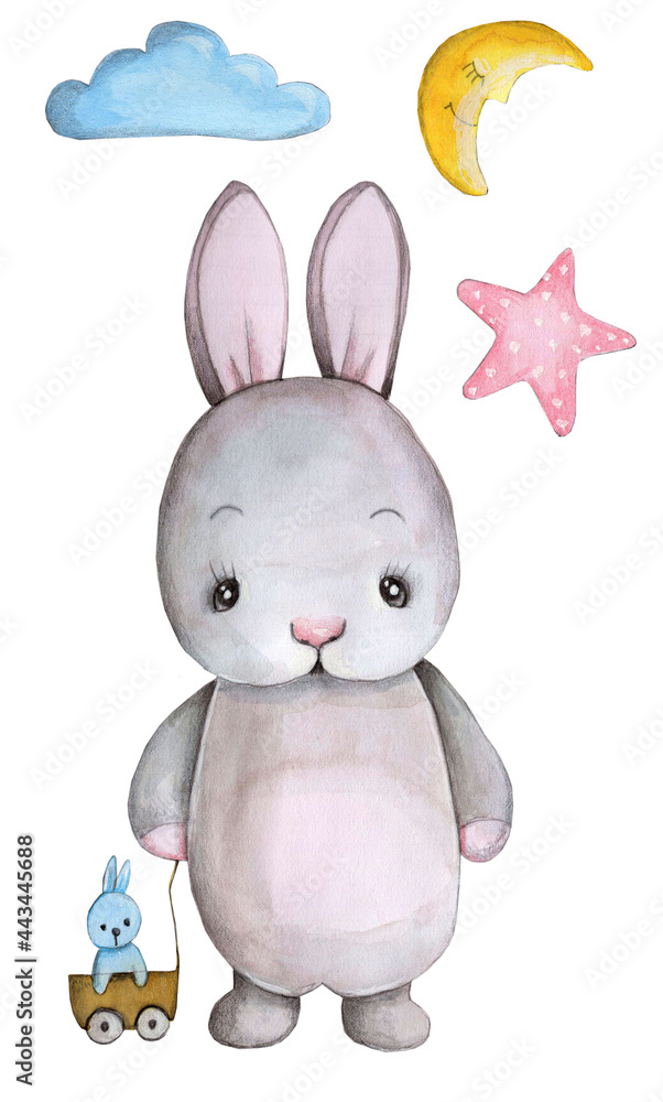 Obraz premium Cute cartoon baby bunny, rabbit, hare. Hand drawn watercolor illustration of cute animak for children. Isolated.