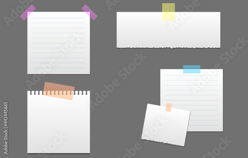 Vector set of papers for notes on an isolated transparent background. Realistic sticky note with push pin, paper clip, adhesive tape. Paper, sheet, notes, png.