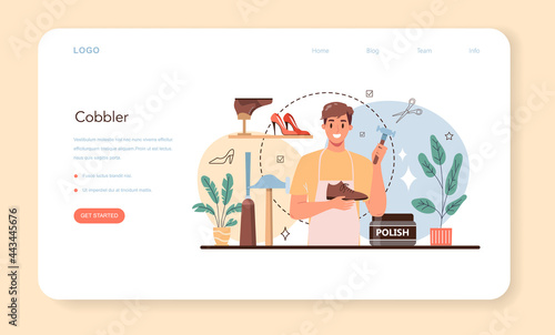 Shoemaker web banner or landing page. Craftsman wearing an apron