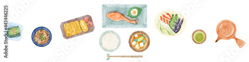日本の朝食（和食）手描き水彩風イラスト
