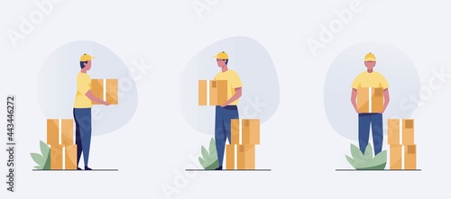Delivery man with packaging boxes  parcel concept delivery or delivery service. vector illustration