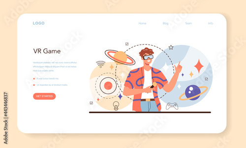 Professional vr gamer web banner or landing page. Person playing virtual reality