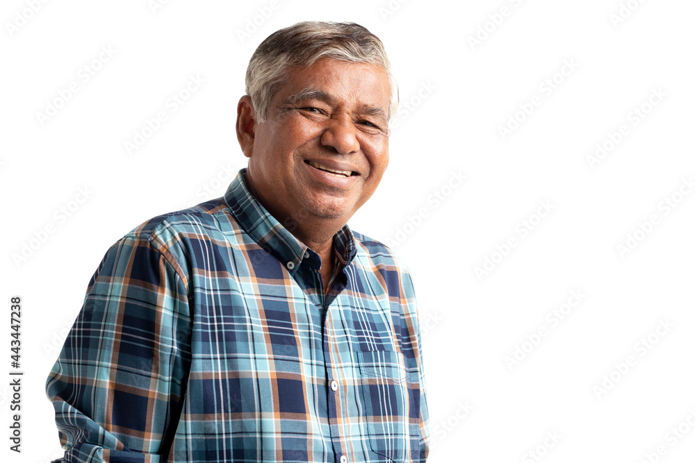 Portrait of happy senior man smiling isolated on white background.