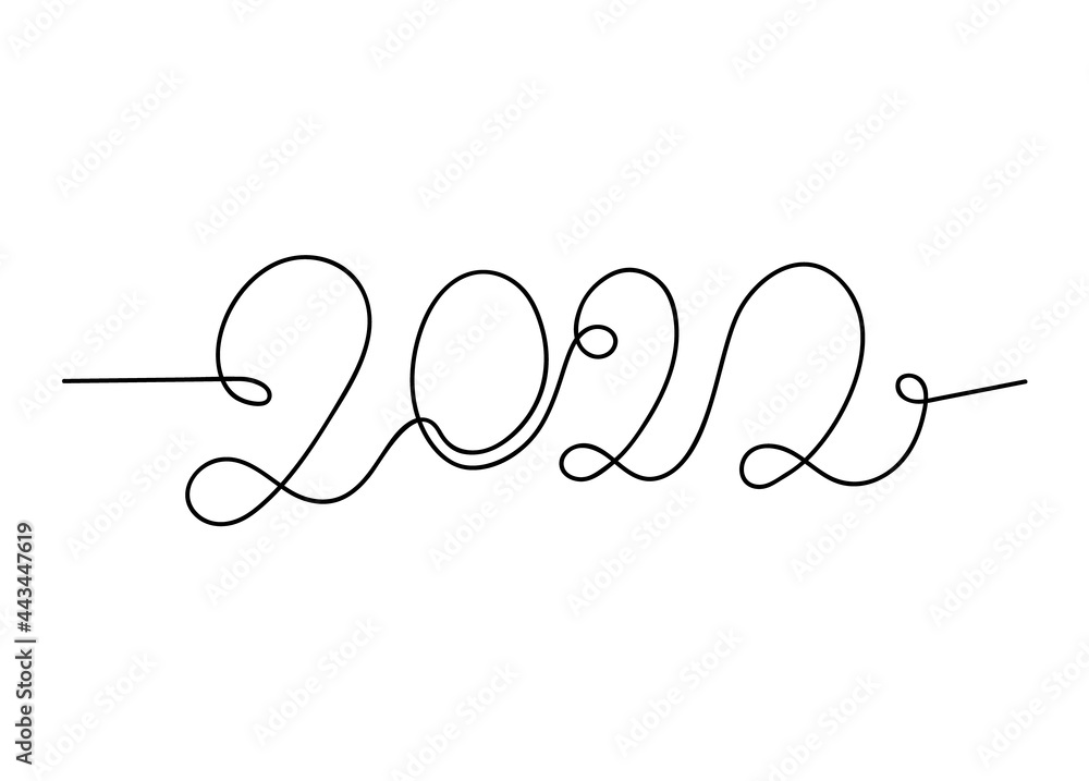 2022 line art concept. Single black path with New Year number on white background. Vector illustration.
