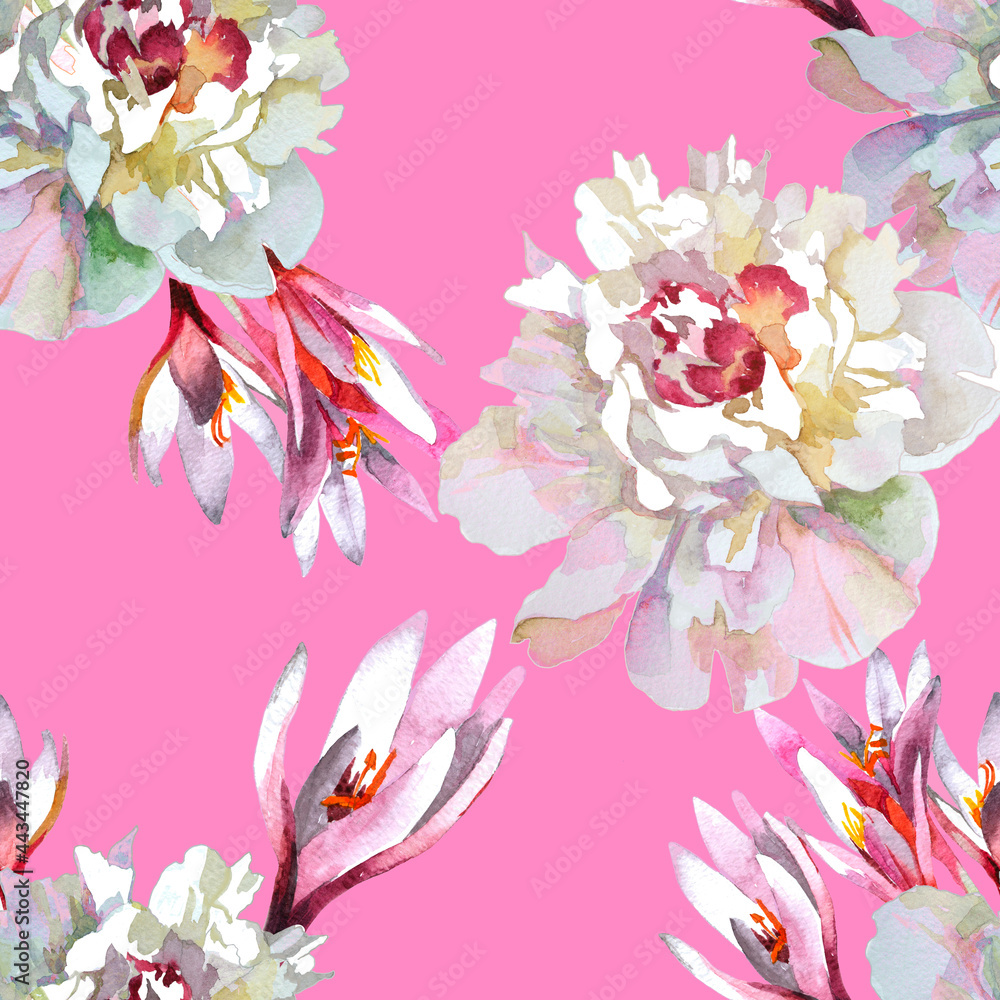 White peonies and crocusses flowers watercolor on pink background seamless pattern for all prints.