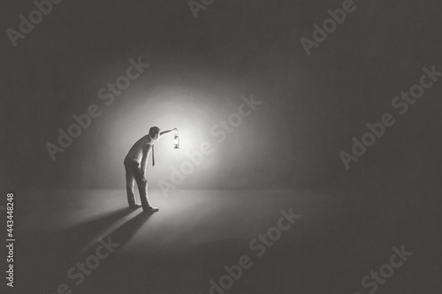 Illustration of man with lantern in the dark, surreal concept photo