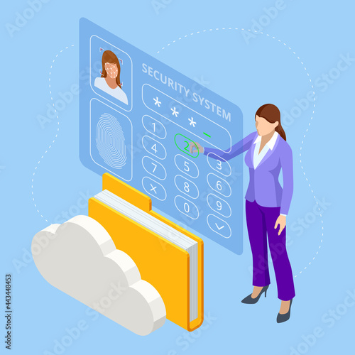 Isometric facial recognition system concept. Finger print scan for enter security system, Biometric access control. Digital touch scan identification or electronic sensor authentication.