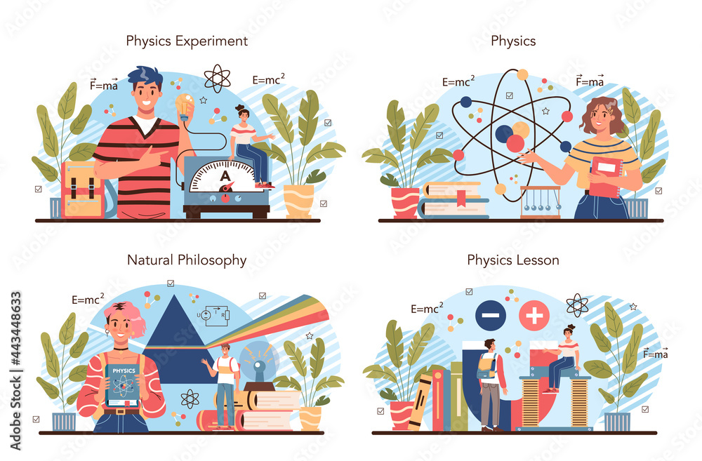 Physics school subject concept set. Students explore electricity, magnetism Physics school subject concept set. Students explore electricity, magnetism