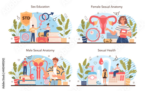 Sexual education concept set. Sexual health lesson for young people.