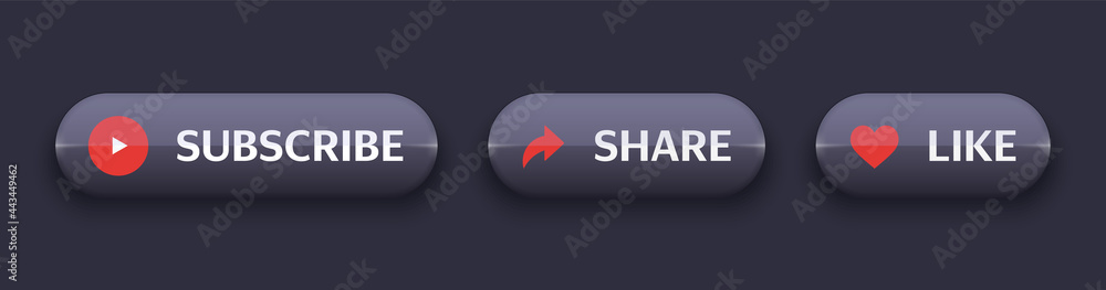 Glass buttons set for social media and channel. Realistic glass buttons black color with shadow. Subscribe, Share and Like. Vector illustration EPS10