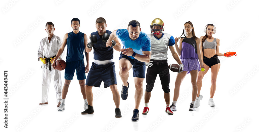 Obraz premium Sport collage. Tennis, basketball, american football, running, boxing, taekwondo players posing isolated on white studio background.