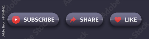 Glass buttons set for social media and channel. Realistic glass buttons black color with shadow. Subscribe, Share and Like. Vector illustration EPS10