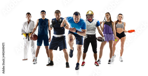 Sport collage. Tennis, basketball, american football, running, boxing, taekwondo players posing isolated on white studio background.
