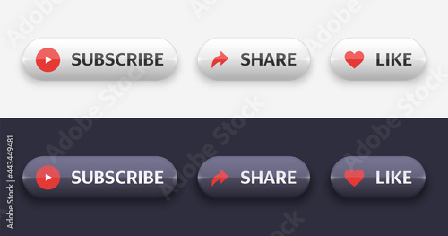 Glass buttons set for social media and channel. Realistic Glass Buttons white and black color with shadow. Subscribe, Share and Like. Vector illustration EPS10