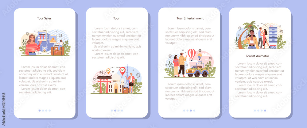 Vacation tour mobile application banner set. Idea of tourism around the world