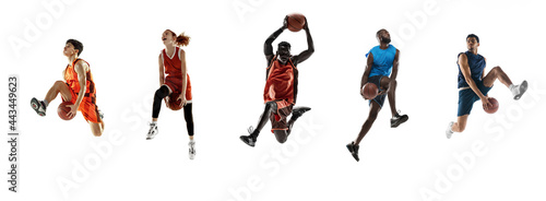 Sport collage. Basketball players in motion isolated on white studio background.