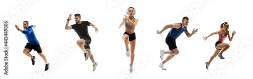 Vászonkép Development of motions of young athletic fit men and women in action isolated over white background