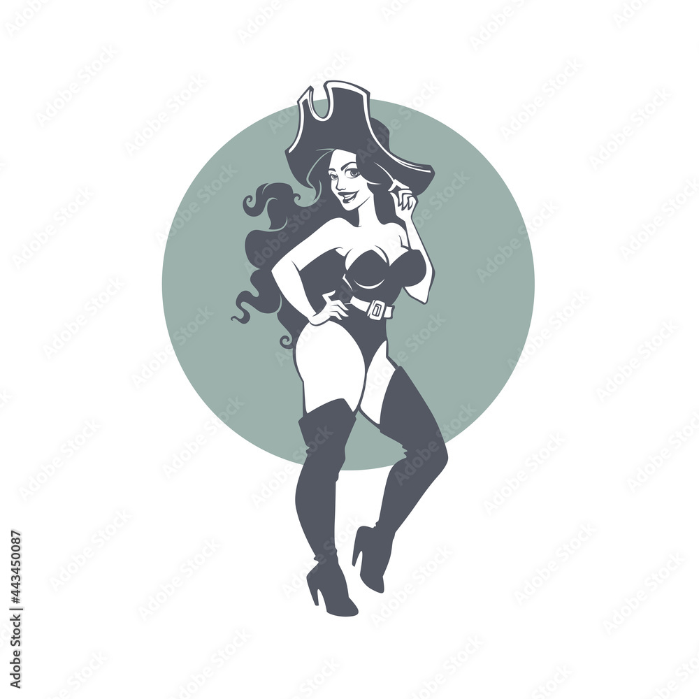 Pirate Party, vector portrait of beautiful pinup lady in corsair costume and hat