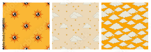 A set of seamless patterns in the boho style. A pattern with a vintage sun, planet, moon, clouds and stars. Vector illustration of retro patterns of the 70s