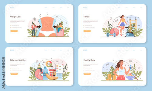 Weight loss web banner or landing page set. Idea of fitness and healthy diet
