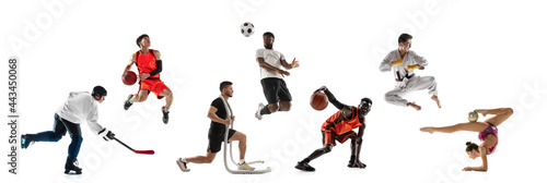 Sport collage. Hockey, soccer football, fitness, gymnastics, taekwondo, basketball players in motion isolated on white studio background.