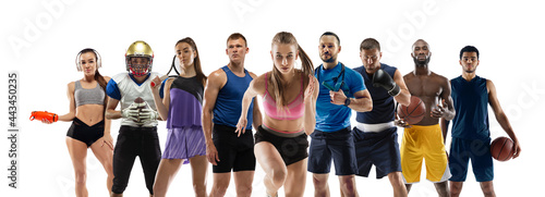 Sport collage. Tennis, basketball, soccer and american football, hockey, fittness, running, boxing players posing isolated on white studio background.