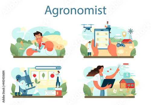 Argonomist concept set. Scientist making research in agriculture.