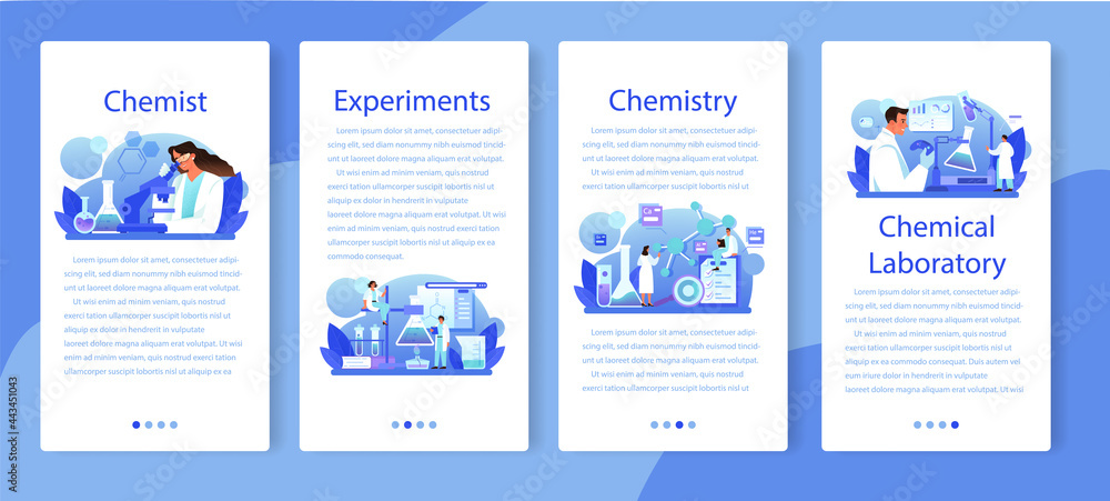 Chemist mobile application banner set. Chemistry scientist doing an experiment