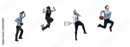 Collage of male sportsmen in office suits, business attire in action and motion isolated on white studio background..