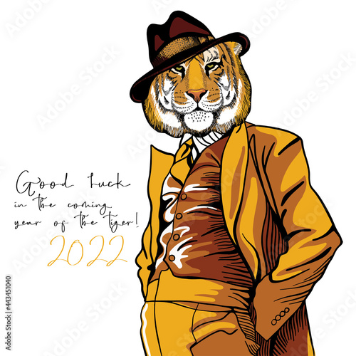 Tiger in fashionable suit and hat, character for souvenirs print on fabric, banner, postcard happy new year 2022
