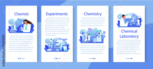 Chemist mobile application banner set. Chemistry scientist doing an experiment