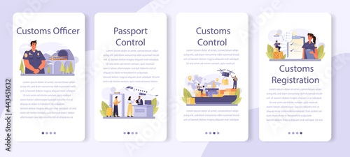 Customs officer mobile application banner set. Passport control