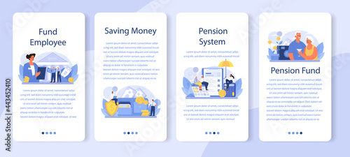 Pension fund employee mobile application banner set. Specialist helps