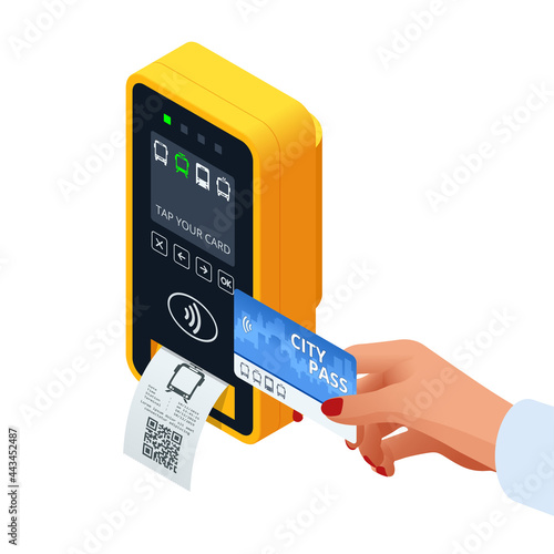 Isometric hand using paper smart card ticket to pay money for transportation at payment kiosk stand. E-ticket paper for traveler. Yellow validator