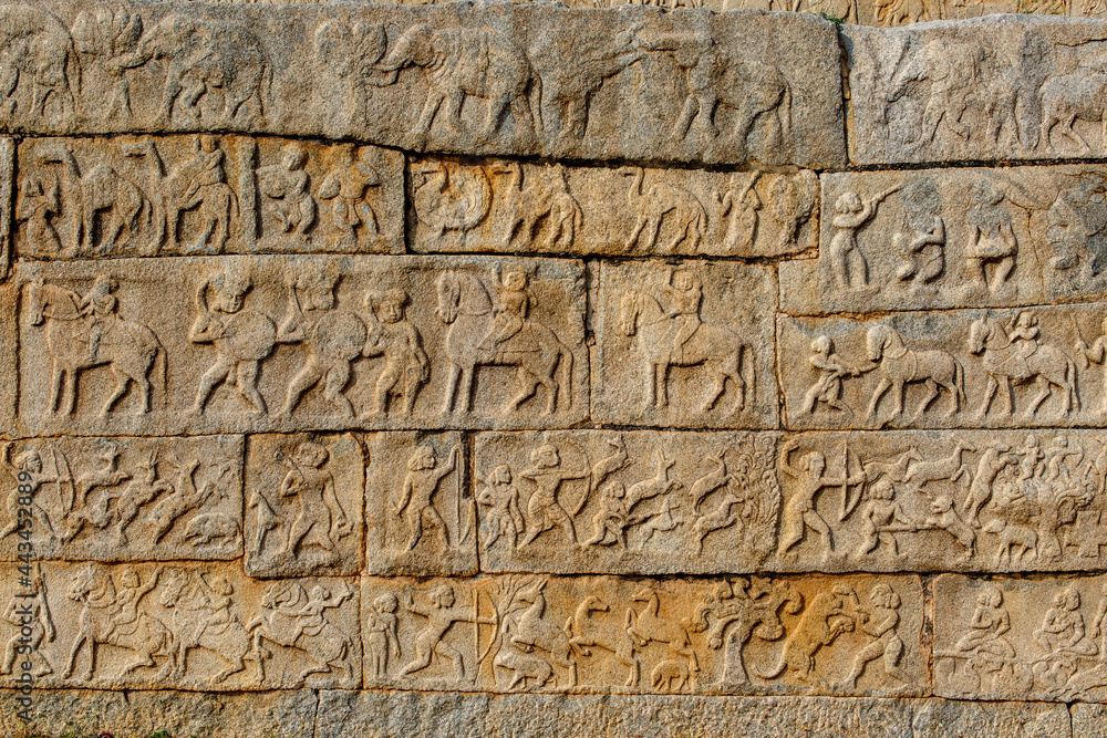 Rich decorated wall of the Mahanavani Dibba, Hampi, Karnataka, India, Asia
