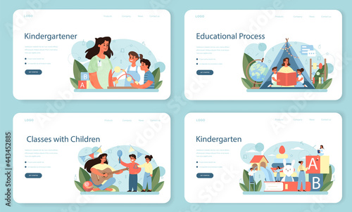 Kindergartener web banner or landing page set. Professional nany and children.