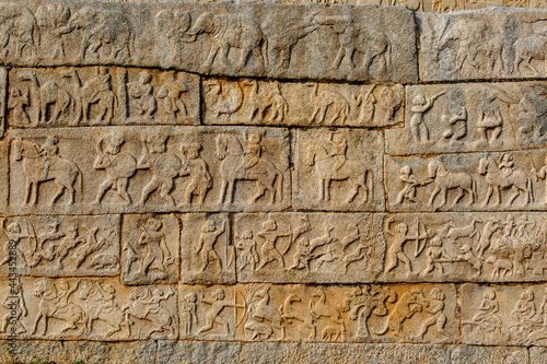 Rich decorated wall of the Mahanavani Dibba, Hampi, Karnataka, India, Asia 