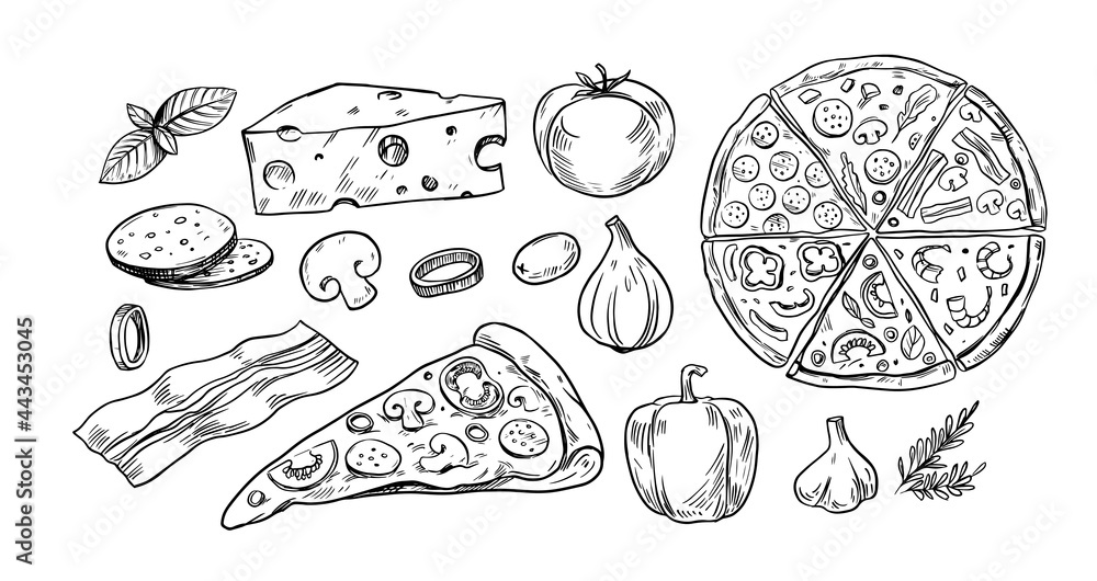 Pizza set, sketch style, doodle. Hand drawn vector illustration. Great for menu, poster or label.