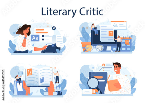 Literary critic concept set. Professional journalist making review and ranking