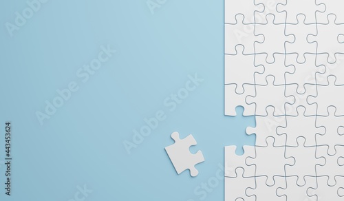 3D illustration Fragment of a folded white jigsaw puzzle and a pile of uncombed puzzle elements against the background of a colored surface