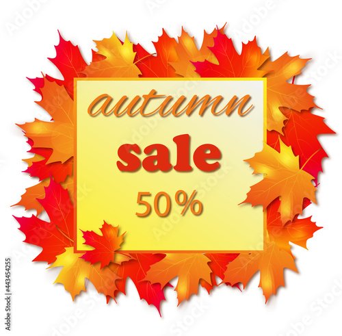 autumn sale frame made of autumn colored leaves. Discount