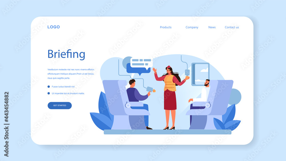Stewardess web banner or landing page. Flight attendants help passenger Stewardess web banner or landing page. Flight attendants help passenger