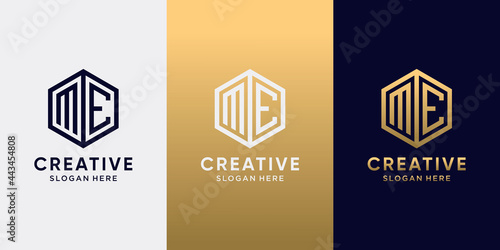 Creative monogram logo design initial letter ME with line art style and hexagon concept. Logo design template for business company and personal